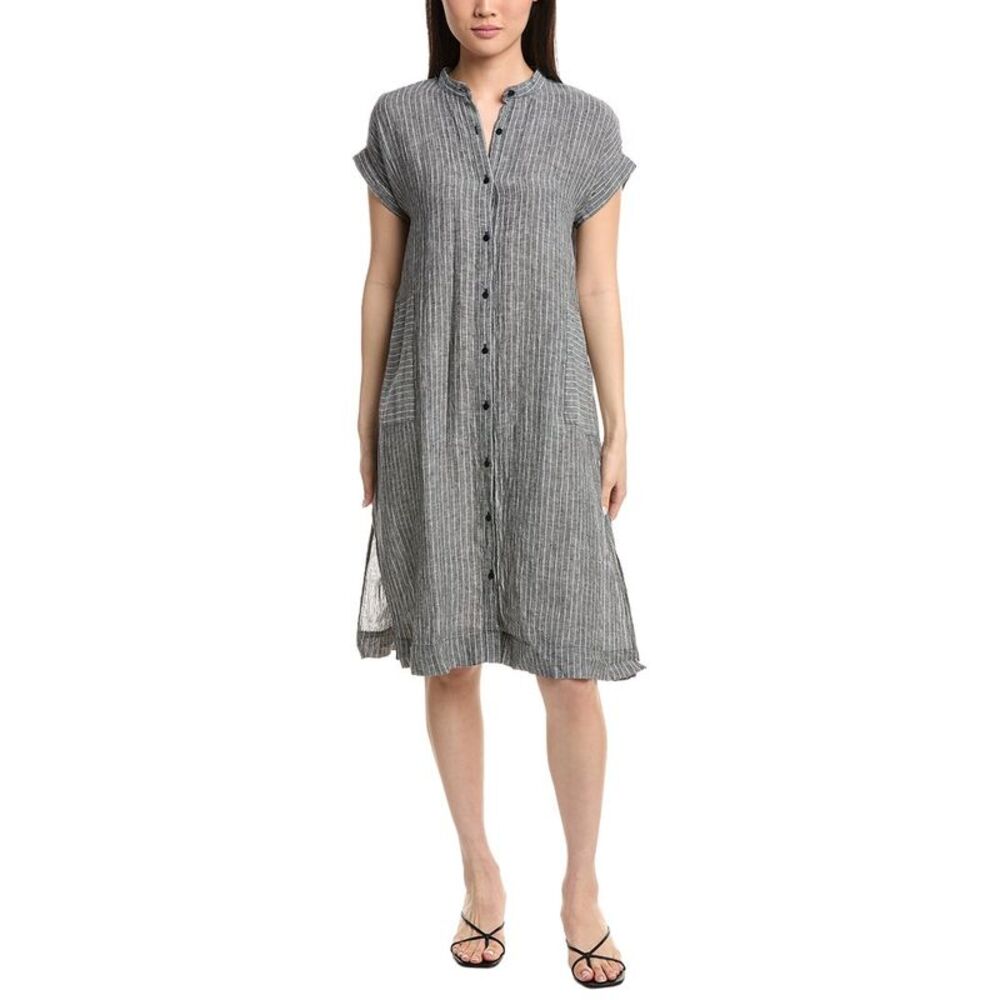Eileen Fisher Womens Petite Mandarin Collar Linen Midi Dress, Black